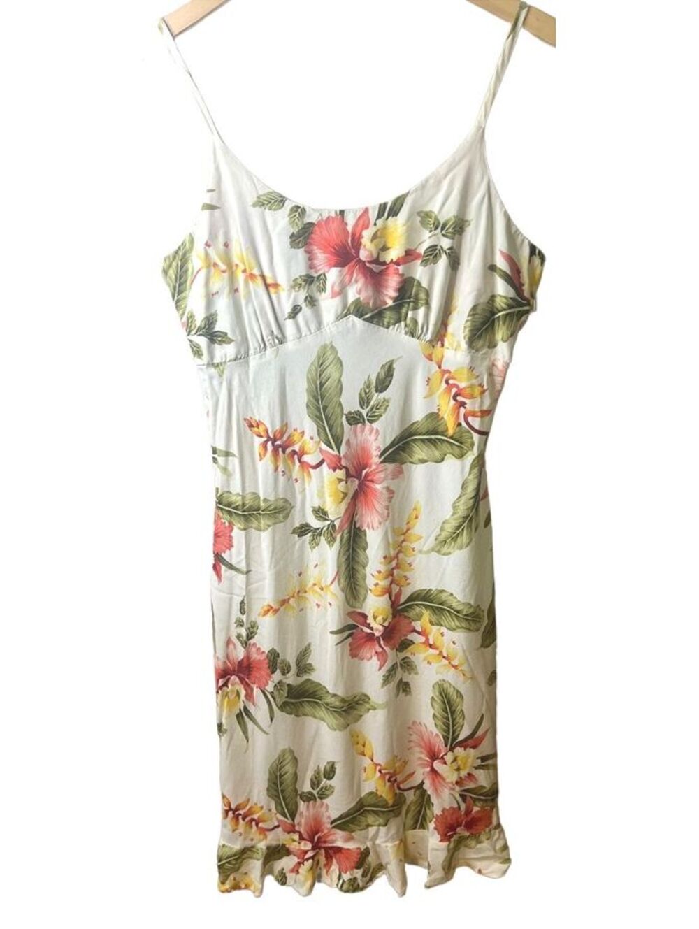 Vintage Two Palms Hawaiian Floral Empire Waist Dress M Ruffle Hem Rayon